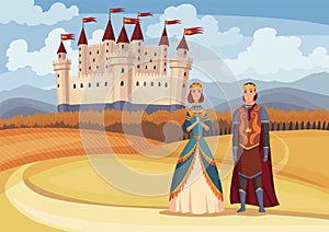 Medieval king and queen on fairytale medieval castle background. Cartoon middle ages historic period. Medieval kingdom