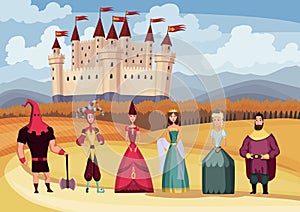 Medieval king and queen, jester, executioner on fairytale medieval castle background. Cartoon middle ages historic