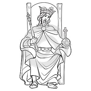 Medieval king sitting on a throne. BW