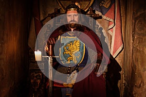 Medieval king on throne in ancient castle interior.