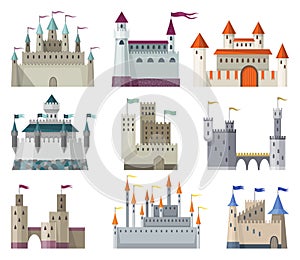 Medieval kingdom castles. Fairy-tale buildinds of middle ages historic period. Vector building exterior design. Royal