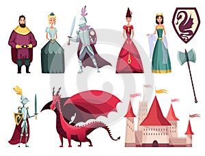 Medieval kingdom characters 2 flat horizontal sets with rider king queen knight castle fortress dragon vector