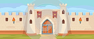 Medieval kingdom fortress gate. Majestic medieval castle with stone walls, royal stronghold cartoon vector background photo