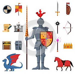 Medieval kingdom knights flat icons set