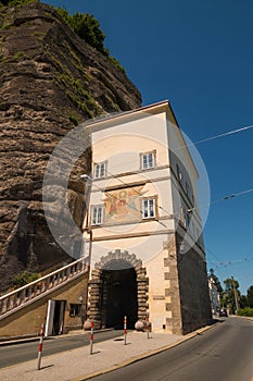 Medieval Klausentor gate between the old town and Muelln district of Salzburg, Austria