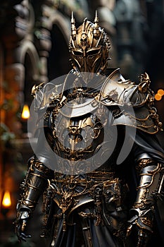 A medieval knight in armor on the background of a castle. Fantasy, chivalric novels. Vertical book cover. photo