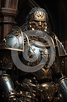 A medieval knight in armor on the background of a castle. Fantasy, chivalric novels. Vertical book cover. photo