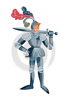 Medieval knight in armor character. Warrior standing with sword in Middle Ages period vector illustration. Chivalrous