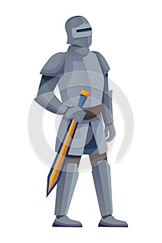 Medieval knight in armor character. Warrior standing with sword in Middle Ages period vector illustration. Chivalrous