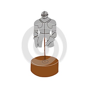 Medieval knight armor, historical steel suit displayed on podium. Metal armour, helmet and protecting iron costume