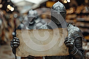 A medieval knight in armor holds an ancient lettering sheet in his hands against the background of the store. Prepared