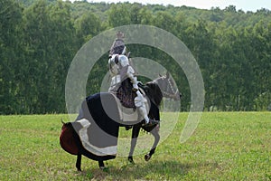 Medieval knight in armor on horseback