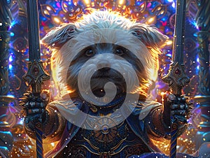 Medieval knight in armor. Portrait of gigantic cute dog deity warrior in a shining armor holding the pitcher. There is a
