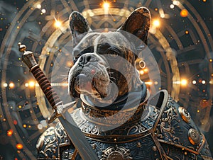 Medieval knight in armor. Portrait of gigantic cute dog deity warrior in a shining armor holding the pitcher. There is a