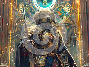 Medieval knight in armor. Portrait of gigantic cute dog deity warrior in a shining armor holding the pitcher. There is a