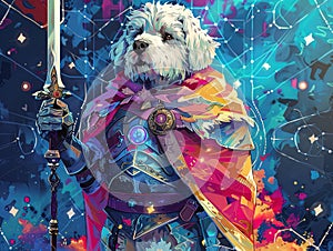 Medieval knight in armor. Portrait of gigantic cute dog deity warrior in a shining armor holding the pitcher. There is a