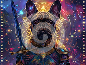 Medieval knight in armor. Portrait of gigantic cute dog deity warrior in a shining armor holding the pitcher. There is a