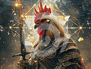 Medieval knight in armor. Portrait of gigantic cute rooster deity warrior in a shining armor holding the pitcher. There