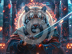 Medieval knight in armor. Portrait of gigantic cute tiger deity warrior in a shining armor holding the pitcher. There is