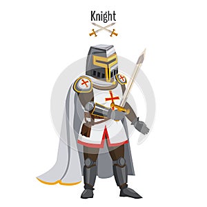 Medieval knight in armor, warroir, with a sword in his hand, cloak, helmet, attributes. Vector, illustration, cartoon