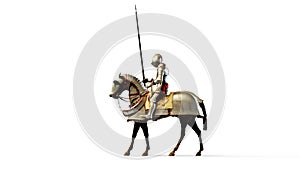 A medieval knight in armour, riding a horse and wearing a spear. 3D render. Isolated on transparent background