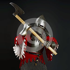 Medieval knight with an axe on grey background