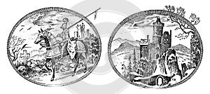 Medieval knight and castle. Antique chateau and cavalier on horseback. Ancient rider. Template for label or badge. Hand