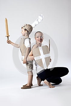 Medieval knight child with mother