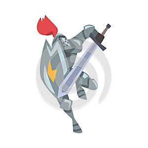 Medieval Knight, Chivalry Warrior Character in Full Metal Body Armor Running with Shield and Sword Cartoon Style Vector
