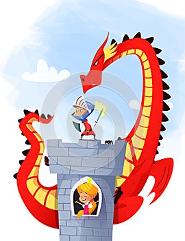 Medieval knight and dragon - illustration