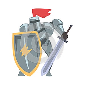 Medieval Knight in Fighting Pose, Chivalry Warrior Character in Full Metal Body Armor with Shield and Sword Cartoon