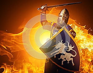 Medieval knight on fire background