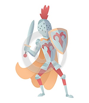 Medieval Knight In Full Armor Flat Illustration. The comic caricature. Funny Cartoon Knight.