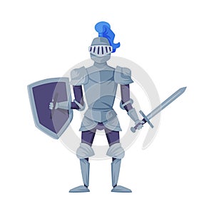 Medieval knight in full armour standing with shield and sword, front view vector illustration