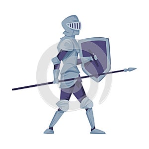 Medieval knight in full armour walking with shield and spear, side view vector illustration