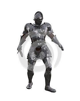 Medieval knight in full body armour walking with sword ready for battle. 3D rendering isolated on white background