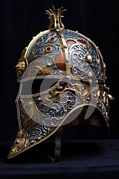 a medieval knight helmet isolated against a black background.