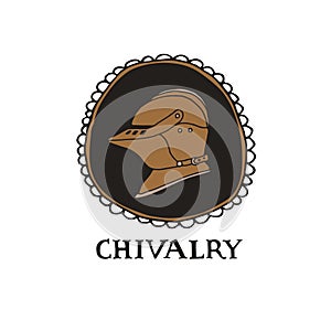 Medieval knight helmet and lettering. Chivalry concept photo