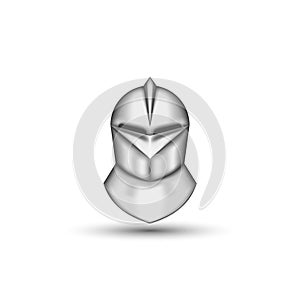 Medieval knight helmet realistic front view isolated on white background, vintage combat metal armor head protection, clip art 3d