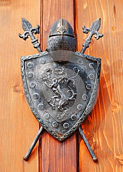 Medieval knight helmet and shield