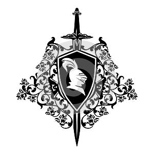 Medieval knight heraldic shield with sword and rose flowers black vector silhouette design