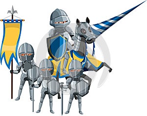 Medieval knight on horseback on white background