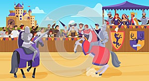 Medieval knight joust battle vector illustration, cartoon flat horseman hero knight characters jousting with swords and