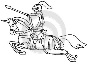 Medieval Knight With Lance and Shield Riding Stead Continuous Line Drawing