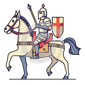 Medieval knight mounted horseback holding lance shield ready battle colorful cartoon. Armored photo