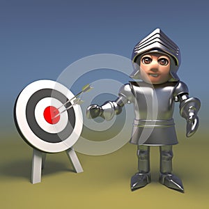 Medieval knight practises his archery with a target, 3d illustration