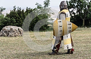 Medieval knight ready for battle Medieval reenactment with costumed and medieval armor