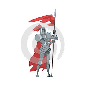 Medieval Knight with Red Flag, Chivalry Warrior Character in Full Heavy Body Armor Cartoon Style Vector Illustration
