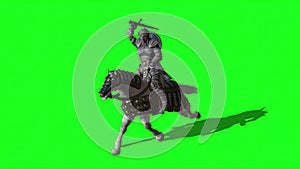 Medieval Knight  Ride Horse  With Sword And Shield  on green screen