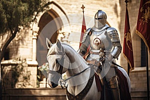 Medieval knight riding horse on city street. Generative AI